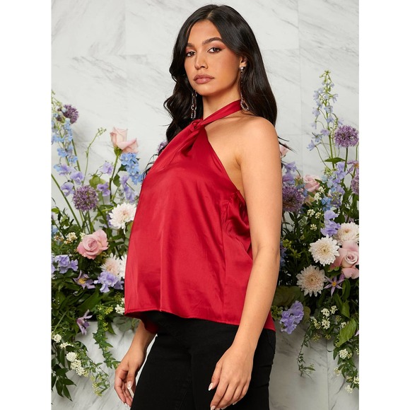 Maternity Tie Backless Halter Top Satin red - Picture 4 of 6